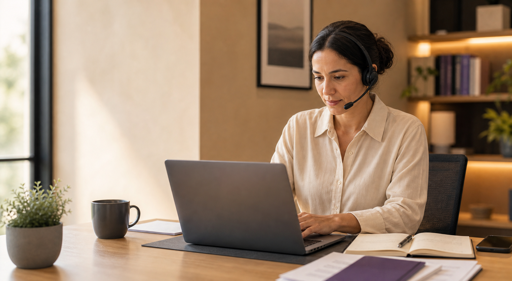 Professional preparing a low-cost browser call and follow-up notes